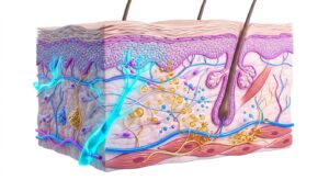 피부 진피층에 주입된 보툴리눔 톡신 입자의 작용 기전을 설명하는 3D 일러스트
